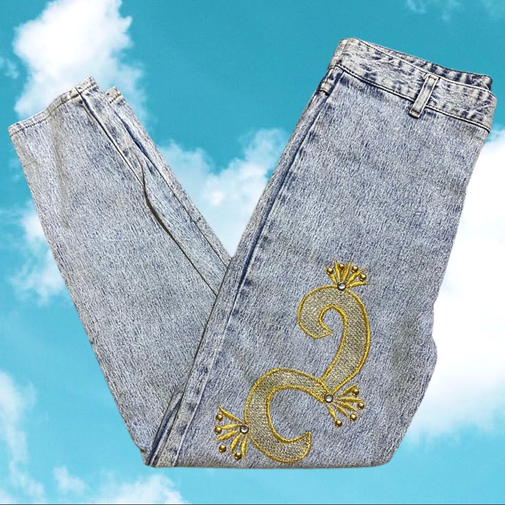 Acid washed embellished jeans